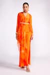 Buy_Isha Gupta Tayal_Orange Crepe Printed Scarf And Embroidered Stripe Pattern Short Tunic Pant Set _at_Aza_Fashions