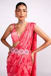 Isha Gupta Tayal_Pink Chiffon Print Floral Deep V Neck Pre-draped Saree Blouse Set _at_Aza_Fashions