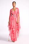 Buy_Isha Gupta Tayal_Pink Crepe Print Floral Sweetheart Neck Color Block Draped Dress With Cape _at_Aza_Fashions