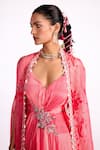 Buy_Isha Gupta Tayal_Pink Crepe Print Floral Sweetheart Neck Color Block Draped Dress With Cape _Online_at_Aza_Fashions