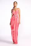 Buy_Isha Gupta Tayal_Pink Crepe Placement Embroidery Floral Sweetheart Neck Color Block Draped Dress _at_Aza_Fashions