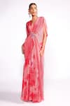 Buy_Isha Gupta Tayal_Pink Crepe Print Floral V Neck Draped Kaftan _at_Aza_Fashions