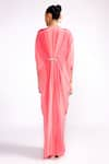 Shop_Isha Gupta Tayal_Pink Crepe Print Floral V Neck Draped Kaftan _at_Aza_Fashions