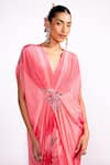 Shop_Isha Gupta Tayal_Pink Crepe Print Floral V Neck Draped Kaftan _Online_at_Aza_Fashions