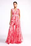 Buy_Isha Gupta Tayal_Pink Silk Print Floral V Neck Peplum Top Sharara Set _at_Aza_Fashions