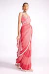 Isha Gupta Tayal_Pink Organza Embroidered Blouse Floral V Neck Color Block Saree With _at_Aza_Fashions