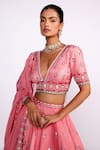 Shop_Isha Gupta Tayal_Pink Silk Embroidered Blouse Floral Plunging V Neck Lehenga Set _Online_at_Aza_Fashions