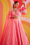 Isha Gupta Tayal_Pink Silk Embroidered Blouse Floral Plunging V Neck Lehenga Set _at_Aza_Fashions