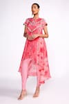 Buy_Isha Gupta Tayal_Pink Crepe Print Floral Round Neck Kaftan Jacket Tulip Pant Set _Online_at_Aza_Fashions