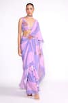 Buy_Isha Gupta Tayal_Purple Saree  Chiffon Printed Striped Deep V Neck Pre-draped With Blouse _at_Aza_Fashions