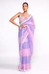 Shop_Isha Gupta Tayal_Purple Satin Printed Striped Deep V Neck Saree With Blouse _at_Aza_Fashions