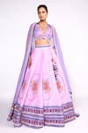 Buy_Isha Gupta Tayal_Purple Silk Printed Abstract Deep V Neck And Embroidered Kalidar Lehenga Set _at_Aza_Fashions