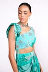 Shop_Isha Gupta Tayal_Green Crepe Printed Floral Asymmetric Neck Draped Top And Skirt Set _Online_at_Aza_Fashions