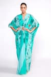 Buy_Isha Gupta Tayal_Green Crepe Printed Floral V Neck Kaftan _at_Aza_Fashions