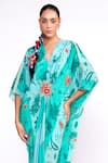 Buy_Isha Gupta Tayal_Green Crepe Printed Floral V Neck Kaftan _Online_at_Aza_Fashions