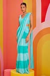 Buy_Isha Gupta Tayal_Green Saree  Chiffon Printed Striped Square Neck Pre-draped With Blouse _at_Aza_Fashions