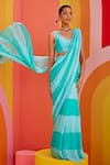 Isha Gupta Tayal_Green Saree  Chiffon Printed Striped Square Neck Pre-draped With Blouse _Online_at_Aza_Fashions