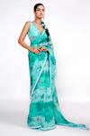 Buy_Isha Gupta Tayal_Green Saree  Organza Printed Floral Deep V Neck With Blouse _at_Aza_Fashions