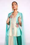 Buy_Isha Gupta Tayal_Green Silk Embroidered Cutdana Deep V Neck Color Blocked Peplum Top Skirt Set _Online_at_Aza_Fashions