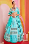 Buy_Isha Gupta Tayal_Green Silk Printed Abstract Deep V Neck Embroidered Blouse And Kalidar Lehenga Set _at_Aza_Fashions