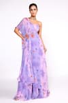 Buy_Isha Gupta Tayal_Purple Georgette Printed Floral Tunic  One Shoulder Sharara Set _at_Aza_Fashions