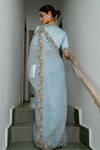 Shop_Peeli Dori_Blue Silk Organza Hand Embroidered Floral Deep V Lotus Border Saree With Blouse _at_Aza_Fashions