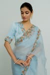 Peeli Dori_Blue Silk Organza Hand Embroidered Floral Deep V Lotus Border Saree With Blouse _Online_at_Aza_Fashions