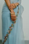 Buy_Peeli Dori_Blue Silk Organza Hand Embroidered Floral Deep V Lotus Border Saree With Blouse _Online_at_Aza_Fashions