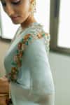 Shop_Peeli Dori_Blue Silk Organza Hand Embroidered Floral Deep V Lotus Border Saree With Blouse _Online_at_Aza_Fashions