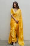 Buy_Peeli Dori_Yellow Saree  Satin Silk Embroidered Gota Deep V Neck Madhubala With Blouse _at_Aza_Fashions