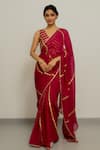 Buy_Peeli Dori_Pink Saree  Chiffon Embroidered Gota Deep V Neck Dhara With Blouse _at_Aza_Fashions