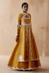 Aman Takyar_Yellow Raw Silk Embroidery Thread Band Collar Jacket And Skirt Set  _Online_at_Aza_Fashions