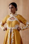 Buy_Aman Takyar_Yellow Raw Silk Embroidery Thread Band Collar Jacket And Skirt Set _Online_at_Aza_Fashions