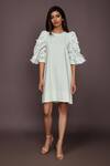 Buy_Deepika Arora_White Roma Cut Work And 3d Flowers Round Embroidered Balloon Sleeve Dress _at_Aza_Fashions