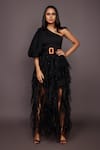 Shop_Deepika Arora_Black Roma And Net Embroidered Cut Geometric & Neon Thread Ruffle Gown _at_Aza_Fashions