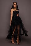 Deepika Arora_Black Roma And Net Embroidered Cut Work Geometric & Neon Corset & Ruffle Skirt Set _at_Aza_Fashions