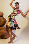 Shop That Thing You Love Multi Color Satin V-neck Tropical Lillies Print Cut Out Dress Online at Aza Fashions Shop_That Thing You Love_Multi Color Satin V-neck Tropical Lillies Print Cut Out Dress _Online_at_Aza_Fashions