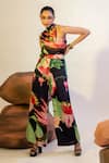 That Thing You Love_Multi Color Satin Print Lily Asymmetric Neck Pollen Jumpsuit  _Online_at_Aza_Fashions