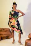 Buy_That Thing You Love_Multi Color Satin, Cotton One Shoulder Lily Blast Print Cut Out Dress _at_Aza_Fashions