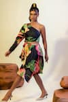 Shop_That Thing You Love_Multi Color Satin, Cotton One Shoulder Lily Blast Print Cut Out Dress _Online_at_Aza_Fashions