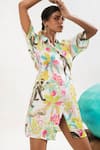 That Thing You Love_Multi Color Satin Printed Jungle Spread Collar Draped Shirt Dress  _Online_at_Aza_Fashions