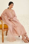 Flamingo the label_Peach Chanderi Hand Embroidered Mukaish V Neck Anarkali Angrakha Set _at_Aza_Fashions