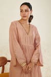 Flamingo the label_Peach Chanderi Hand Embroidered Mukaish V Neck Gathered Kurta And Pant Set _Online_at_Aza_Fashions