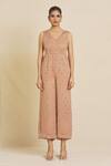 Priti Sahni_Beige Georgette Beads, Mirrors, Zari, Hand Embroidered Jumpsuit With Belt _at_Aza_Fashions