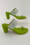 PREET KAUR_Green Hand Embroidered Resham Kolhapuri Heels _at_Aza_Fashions