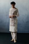 Avacara_White Handloom Cotton Matka Silk Embroidered Floral Neel Kurta Set  _Online_at_Aza_Fashions