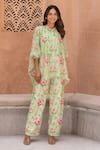 Buy_B'Infinite_Green Pearl Chiffon Print Floral Mandarin Camellia Bloom Shirt And Trouser Set _at_Aza_Fashions