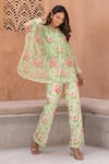 B'Infinite_Green Pearl Chiffon Print Floral Mandarin Camellia Bloom Shirt And Trouser Set _Online_at_Aza_Fashions