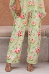 Shop_B'Infinite_Green Pearl Chiffon Print Floral Mandarin Camellia Bloom Shirt And Trouser Set _Online_at_Aza_Fashions