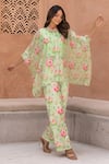 B'Infinite_Green Pearl Chiffon Print Floral Camellia Bloom Shirt And Trouser Set For Kids_at_Aza_Fashions